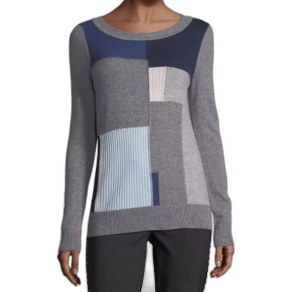 Diane Von Furstenberg Zandra Blue & Gray Patchwork Crew Neck Cashmere Sweater - Picture 1 of 14